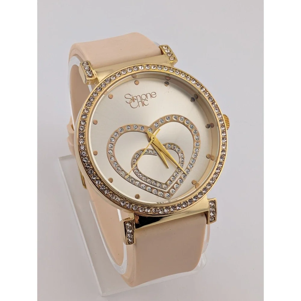 Simone Chic Watch Women 40mm Gold Case Nude Beige Silicone Band- New Battery